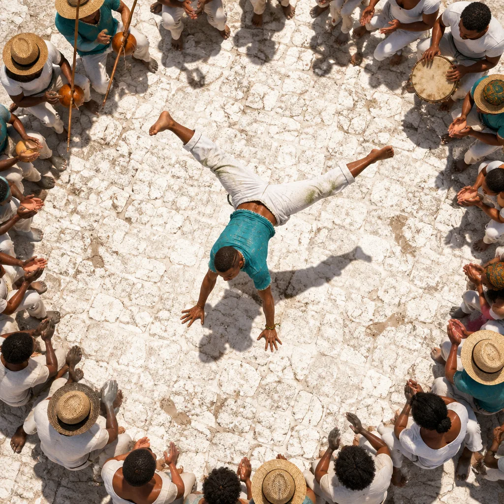 The roda seen from straight above: Beto mid cartwheel in the center, the crowd clapping in a ring of straw hats.