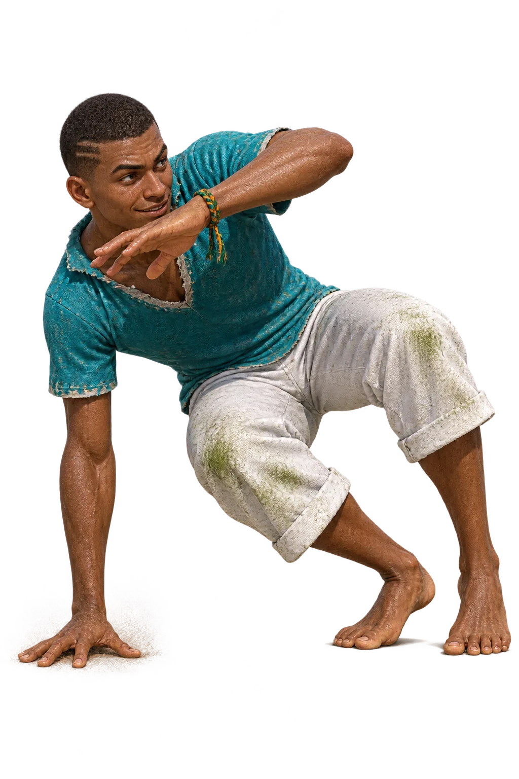 Beto Cardoso drops low with one palm on the stones, facing Luzia.