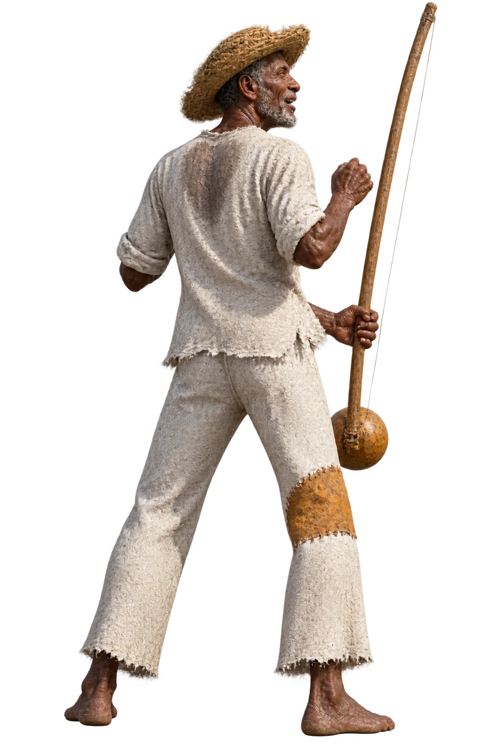 Mestre Zé Baiano seen from behind at the edge of the roda, berimbau upright in his hand, singing under his straw hat.